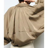 Talakeno Womens Puffed Bomber Jacket Casual Batwing Sleeve Lapel Collar Zip Shirts Oversized Pleated Streetwear Jackets(Khaki,S)