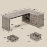 Executive Desk, 61" Farmhouse L Shaped Desk with File Drawers, Office Desk with Drawers and Power Outlets