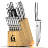 14-Piece Knife Set with Natural Wood Block, Stainless Steel Kitchen Knife Block Set with Ergonomic Handles, Includes Steak Knives, Dishwasher Safe