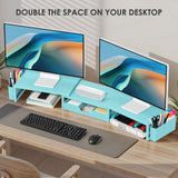 Desk Organizers and Accessories, Dual Monitor Stand Riser with Drawer and 2 Pen Holders, Desk Shelf Computer Racks & Printer Stand for Office Workspace Organizers, Desktop Organization (Blue)