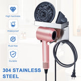 Hair Dryer Holder Wall Mounted, Stainless Steel Blow Dryer Holder for Attachments Storage, Hair Tool Organizer with Plug&Cord Hook, Adhesive Hairdryer Hanger for Bathroom, Silver