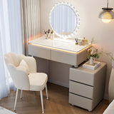 Quvex 31.5" Compact Makeup Vanity Desk with LED Sunburst Mirror & Ambient Light, Sintered Stone Top Vanity Table, 5 Drawers, Petal Chair, Extendable & Reversible Dressing Table, Khaki