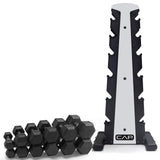 CAP 210 lb Rubber Coated Hex Dumbbell Set with Vertical Rack, Space-Saving Storage for Home Gym Strength Training, Chrome Handle, Silver Rack