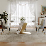 POVISON 63" Hobart Modern Dining Table for 4, Glossy Sintered Stone Dining Tabletop with White and Gold U-Shape Carbon Steel Pedestal, 63 inch Rectangle Dining Room Table (Table only)