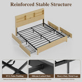 Uteeran Queen Size Bed Frame and Tall Headboard & Storage, Metal Platform Bed Frame with 4 Storage Drawers, Queen Bed Frame with LED Lights & Charging Ports, No Box Spring Needed, Noise-Free, Natural
