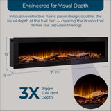 Ambe Linear 72" Electric Fireplace with Real Wood | Hidden Vent Design | Midwest Hardwood Log Set | Recessed or Built-in | Deep Realistic Ember Bed | Fireplace Insert Heater | Trim or Frameless