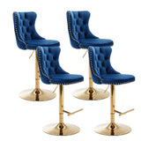 MOOLSUN Rotating Velvet Bar Stools Set of 4, Modern Padded with Nailhead Trim and Tufted Back, Adjustable Swivel Counter Height Stools for Kitchen Island, Bar, Club,Blue(Gold Base)