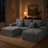 Cloud Modular Sectional Couches, Modern Convertible L Shaped Boneless Couch, 3 Seat Corduroy Deep Seat Sectional Sofa with 5 Pillows for Living Room, Apartment (Dark Gray, Right Facing Chaise+Ottoman)