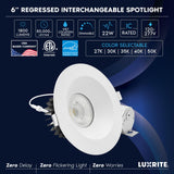 LUXRITE 6 Inch LED Recessed Light, Regressed Spotlight with Round White Interchangeable Trim, 22W, 1800LM, 5CCT 2700K–5000K, 38°, Dual Dimmable, Twist-N-Lock, CRI90, Wet & IC Rated, ETL (4 Pack)