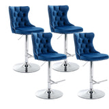 MOOLSUN Rotating Velvet Bar Stools Set of 4, Modern Padded with Nailhead Trim and Tufted Back, Adjustable Swivel Counter Height Stools for Kitchen Island, Bar, Club,Blue(Silver Base)
