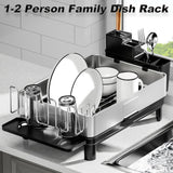 Ewaiira Dish Drying Rack, 304 Stainless Steel Dish Racks for Kitchen Counter, Dish Drainers with Automatic Drainage, Utensil Holder & Cups Holder, Space Saving Kitchen Organizer, Black 16.5''x12.6''