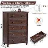 RWYHG Farmhouse 5 Drawers Dresser for Bedroom, Wood 45" Tall Chest of Drawers, Dresser Rustic Storage Dressers Organizer with Metal Handle Closet for Living Room, Hallway Entryway(Walnut)