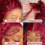 ALSZIQIHR Burgundy 99J Red Water Wave Human Hair Wig 13x4 HD Lace 34inch