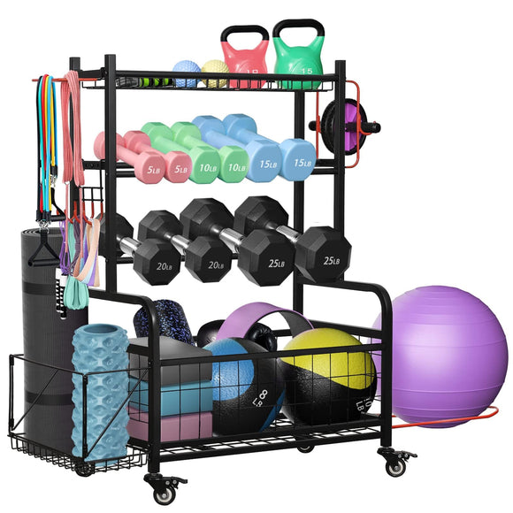 Weight Rack for Dumbbells, Dumbbell Rack Home Gym Storage Stand for Yoga Mat Kettlebells and Strength Training Fitness Equipment, Weight Holder Rack for Dumbbells with Wheels Mosxoed