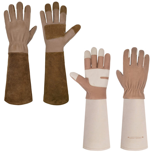 2 Pairs of Long Pigskin Leather Pruning Gloves & Cowhide Leather Gardening Gloves for Men & Women, Medium