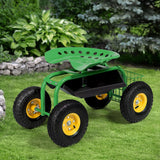 Garden Cart with Seat, Heavy Duty Gardening Work Stools w/Height Adjustable Seat & 10’’ Large Wheels