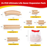 Wooden Train Tracks 24 Pieces Set, Track Expansion Pack with Storage Bag - Includes Male/Female Adapters - 100% Compatible with All Major Brands Including Thomas, Brio, Melissa & Doug