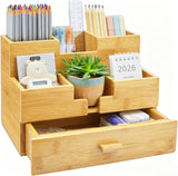 Charmlife Bamboo Desk Organizer - Countertop Drawers Organizer Tabletop Storage Organization Makeup & Pen Storage with Drawer & Pencil Holder for Office Organization