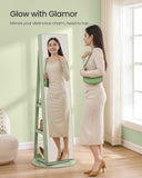 SONGMICS 6 LEDs Lockable Mirror Jewelry Cabinet, 360° Swivel Jewelry Organizer Armoire Standing, Frameless Full-Length Mirror, 3 Storage Shelves, Laurel Green Surface, Cream White Lining UJJC007C01