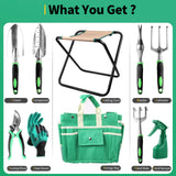 9 PCS All-in-one Garden Tools Set Heavy Duty Cast-Aluminum Alloy Gardening Tools Kit with Folding Stool Seat