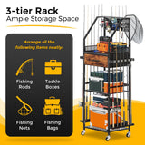 JIRTEMOT Fishing Rod Holder Organizer with Fabric Drawer & Pegboard, Space-Saving Garage Storage for 12 Rods, Reels, Tackle Boxes, Portable Fishing Gear Cart for Easy Access & Mobility