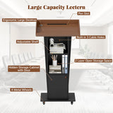 Podium Stand with Metal Wheels, Wooden Pulpit with 15° Tilted Desktop and Storage Cabinet, Built-in Cable Hole Lectern Desk