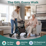 StepPilot Zero Wobble Rollator Walker with Seat for Seniors, 350lb Capacity, 18" Extra Wide Seat, 8" Wheels & Dual Brake, One-Hand Folds to 9.6", 7-Level Handle Adjustable, Cup Holder & Cane Clip