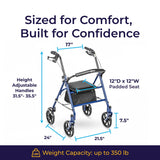 Drive Medical Rollator Walker with Seat - Stable Mobility Support - Height Adjustable - Durable Steel Frame Construction - Smooth 7.5" Wheels - Foldable - 350 Lb Limit - Blue
