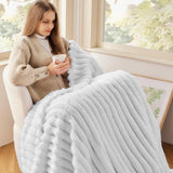 NEWCOSPLAY Super Soft Twin Blanket White Premium Silky Flannel Fleece 3D Ribbed Jacquard Lightweight Bed Blanket All Season Use (White Ribbed, Twin(60"x80"))