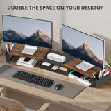 OPNICE Desk Organizers and Accessories, Dual Monitor Stand Riser with Drawer and 2 Pen Holders, Desk Shelf Computer Racks & Printer Stand for Office Workspace Organizers, Desktop Organization (Rustic Brown)