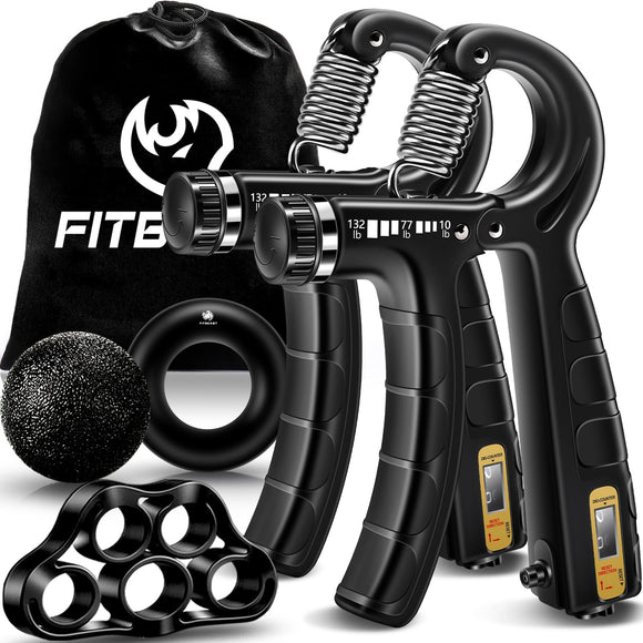 FitBeast Hand Grip Strengthener Workout Kit (5 Pack), 2 Forearm Grip Adjustable Resistance Hand Gripper, Finger Stretcher, Grip Ring & Stress Relief Grip Ball for Athletes (Black) FitBeast