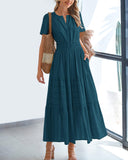 BTFBM Womens Summer 2026 Casual Midi Maxi Dresses Lightweight Short Sleeve V Neck Elastic Waist Boho Beach Dress Pockets(Lake Blue, XX-Large)
