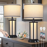 27" Tall Vintage Table Lamp Set of 2 with USB C+A & Outlet,Black Industrial End Table Lamp for Living Room,Farmhouse Rustic Bedside Lamps with Frosted Glass Night Light for Bedroom Nightstand,Black