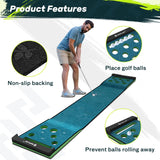 SAPLIZE Golf Pong Game Set, 20in x 10ft Indoor/Outdoor Putting Mat with Putter, Mirror, Cup, 4 Slope Wedges, Ball Bouncer & Roller Brush – Fun Golf Games Gift Idea