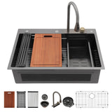 Sarlai 33 Inch Waterfall Kitchen Sink - 33x22 Black Waterfall Drop In Sink Workstation Stainless Steel 16 Gauge Smart Sinks Multifunction Single Bowl Top Mount Kitchen Sinks with Faucet Combo