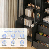 TUSY 71" H Bookshelf with Storage, 6-Tier Modern Bookshelves with 3 Large Drawer, Display Bookcase with Glass Doors, Modern 5-Tier Curio Cabinet for Home Office, Dining Room (Black, AB)