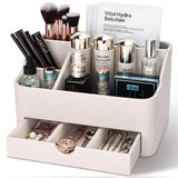 KINGFOM PU Leather Desk Organizer with Drawer, 5 Compartments Desktop Storage Caddy for Office & Home Supplies, Pen Holder for Remote Control, Phone & Accessories, Mail Organizer Countertop(Beige)