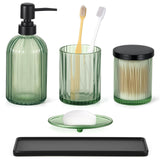 Shinowa Bathroom Accessories Set, 5 Pcs Clear Glass Bathroom Accessory Sets Complete with Soap Dispenser, Toothbrush Holder, Q-Tips Holder, Soap Dish, Ceramic Tray, Vanity Organizer, Green