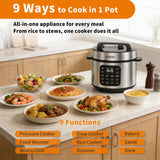 6Qt Electric Pressure Cooker, 9-in-1 Programmable with IMD Touchscreen, Rice Cooker, Slow Cook, Steam, Sauté, Warmer, 24H Delay Start, Non-Stick Ceramic Pot, 1000W, Silver