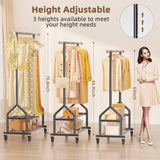 EAGMAK Heavy Duty Clothes Rack Load 556 LBS, Rolling Clothing Rack With Shelves, Height Adjustable Metal Clothes Hanger with Wheels Portable Wardrobe Organizer Garment Rod for Hanging Clothes (Black)