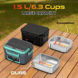 Omboos Cordless Electric Heated Lunch Box, XL 6.3Cups Rechargeable Food Warmer Lunch Box with Self Heating, Smart Timer, Adjustable Temperature, Leakproof, BPA Free, Removable Divider Dark Gray