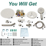 JQBQS Shower Faucet Set 12IN Brass Rough-In Valve Body Trim Kit Rainfall Included Handle Accessories Complete 2 Functions with Rain Head and Handheld Bathroom Systems (12'', Brushed Nickel)