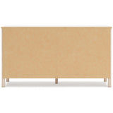 Signature Design by Ashley Cadmori Casual Bohemian Dresser with Post Legs and 6 Drawers, Replicated Marble Top, Wood, 35" High, White and Light Brown Finish