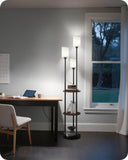 GOEBLESON 70.9" Floor Lamp with Shelves, Modern Floor Lamp with 3 Linen Shades and Foot Switch, 3-Light Standing Lamp, for Living Room, Bedroom, Study, Office, Rustic Brown and Beige EF53LD05