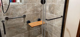 Awelife 20" Luxury Teak Folding Shower Seat, Sturdy 400lb Capacity, Space-Saving Fold Down/Up Shower Bench Wall Mount, Easy Install, Matte Black Fitting