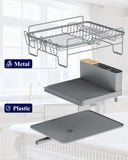 Kitsure Extendable Dish Drying Rack, Large Drying Dish Rack with Cutlery & Cup Holders, Multifunctional Dish Racks for Counter with Drainage, 18.2"-25.7" L x 12.9" W, Grey
