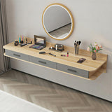 Quvex Modern Wood Floating Makeup Vanity Desk with 3 Drawers, Sturdy Wall Mounted Dressing Table with Rounded Corners, Space Saving Vanity Shelf for Bedrooms, Apartments, 55.1", Light Walnut & Grey