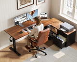 OffiGo 48" L Shaped Electric Standing Desk with Cabinet Sets, Walnut/Black