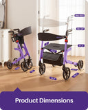 Kekoy Bariatric Rollator Walker for Seniors with Seat, 500 lbs Heavy Duty Walker, 19.5" Extra-Wide Seat, 10" All-Terrain Wheels, Adjustable Height, Foldable Rolling Walker, Hidden Brake Cables, Purple