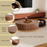 Round Coffee Table with Storage for Living Room, Wooden Circle Center Coffee Table with Drawers, Modern Accent Walnut Table for Bedroom Balcony Office, Fully Assembled (Brown)